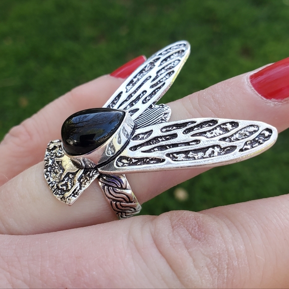 New Black Onyx Flying Insect Silver Ring. - Picture 11 of 15